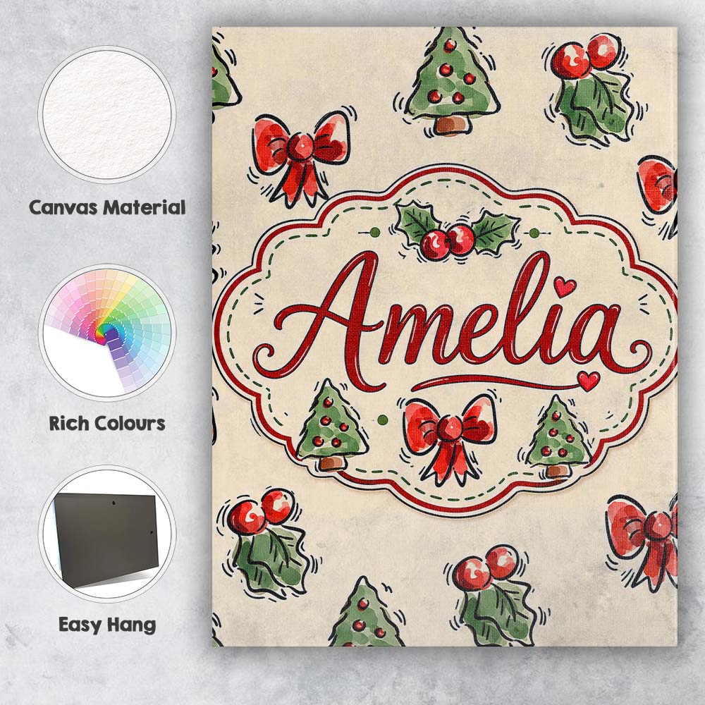 Personalised Name Cute Christmas Bows Holly Custom  Bespoke Interior Contemporary Canvas Wall Art Print Decor Picture Ready to Hang