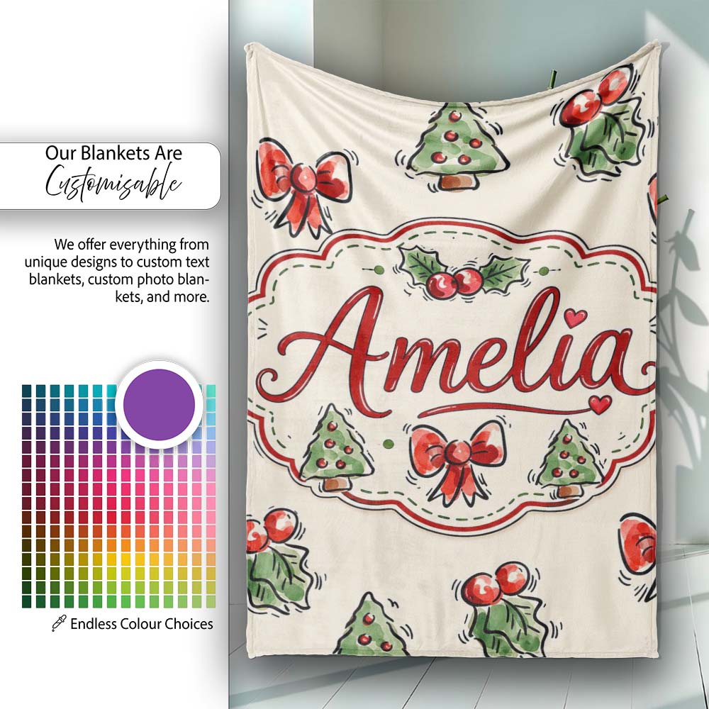 Cute Christmas Bows Holly Berries Tree Doodle Seamless Pattern  Personalised Custom Name Super Soft Fleece Blanket Bed Sofa Throw