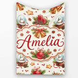 Vintage Christmas Bells Candle Snow Globe Festive Seamless Pattern  Personalised Custom Name Super Soft Fleece Blanket Bed Sofa Throw