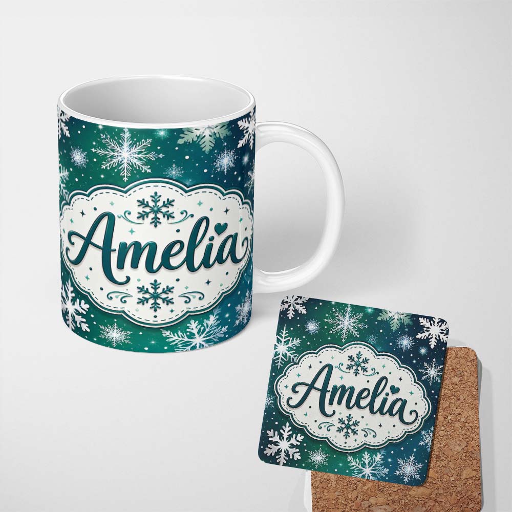 Personalized Custom Name Elegant Blue Green Snowflake Winter Seamless Pattern Lovely 11oz Ceramic Coffee Tea Mug White Large Handle