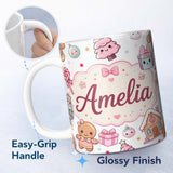 Personalized Custom Name Cute Christmas Gingerbread Candy Gift House Seamless Pattern Grey 11oz Ceramic Coffee Tea Mug White Large Handle