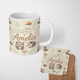 Personalized Custom Name Cute Woodland Hedgehog Mushrooms Leaves Seamless Pattern Light Beige 11oz Ceramic Coffee Tea Mug White Large Handle
