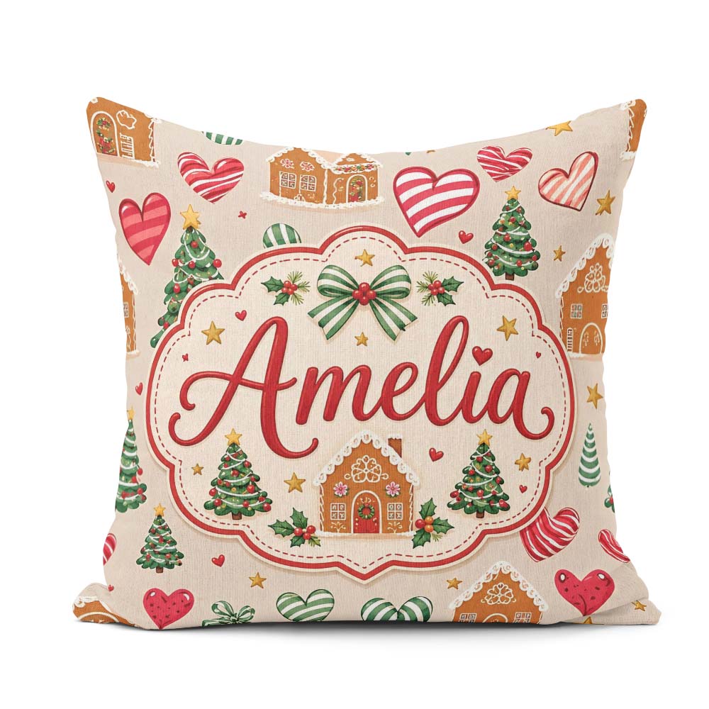 Custom Name Cute Christmas Houses Hearts Trees Seamless Pattern Square Filled Cushion Throw Pillow Sofa Bed Home Decor Zip Washable UK Made
