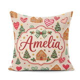 Custom Name Cute Christmas Houses Hearts Trees Seamless Pattern Square Filled Cushion Throw Pillow Sofa Bed Home Decor Zip Washable UK Made