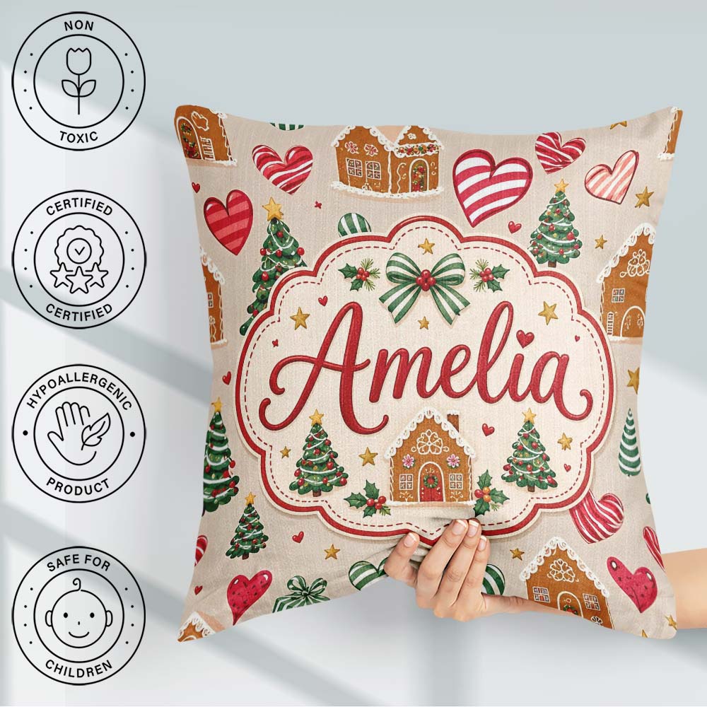 Custom Name Cute Christmas Houses Hearts Trees Seamless Pattern Square Filled Cushion Throw Pillow Sofa Bed Home Decor Zip Washable UK Made