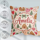 Custom Name Cute Christmas Houses Hearts Trees Seamless Pattern Square Filled Cushion Throw Pillow Sofa Bed Home Decor Zip Washable UK Made