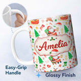 Personalized Custom Name Watercolor Santa Sleigh Reindeer Christmas Seamless Pattern Lovely 11oz Ceramic Coffee Tea Mug White Large Handle