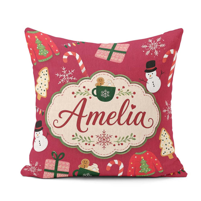 Custom Name Christmas Sweater Snowman Candy Cane Gifts Seamless Square Filled Cushion Throw Pillow Sofa Bed Home Decor Zip Washable UK Made