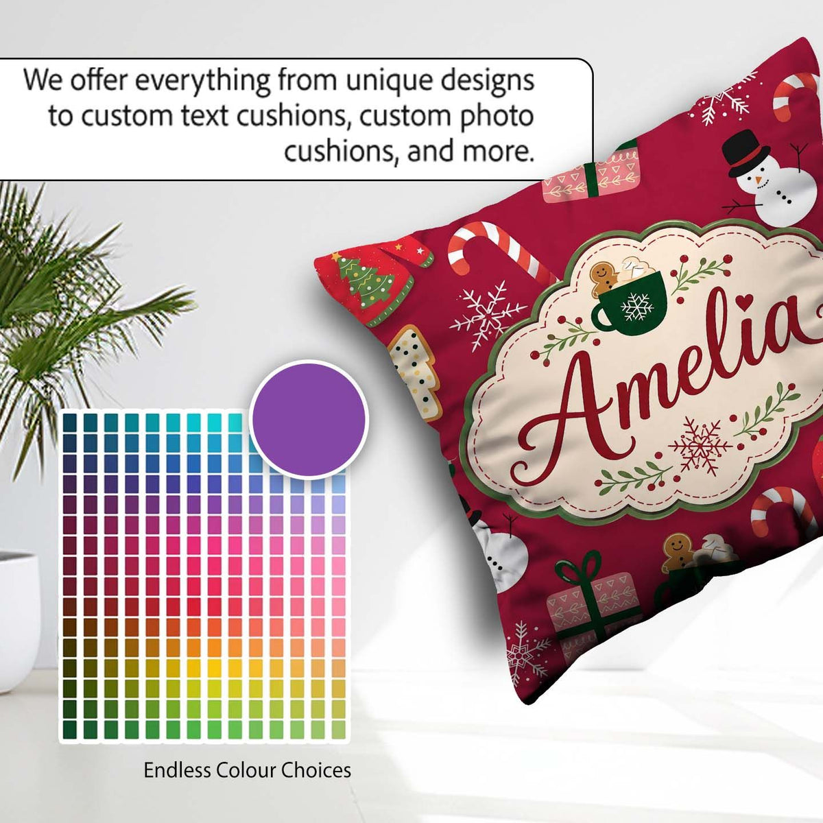 Custom Name Christmas Sweater Snowman Candy Cane Gifts Seamless Square Filled Cushion Throw Pillow Sofa Bed Home Decor Zip Washable UK Made