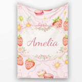 Strawberry Cherry Bow Daisy Cherry Pink Cute Coquette Floral Design  Personalised Custom Name Super Soft Fleece Blanket Bed Sofa Throw