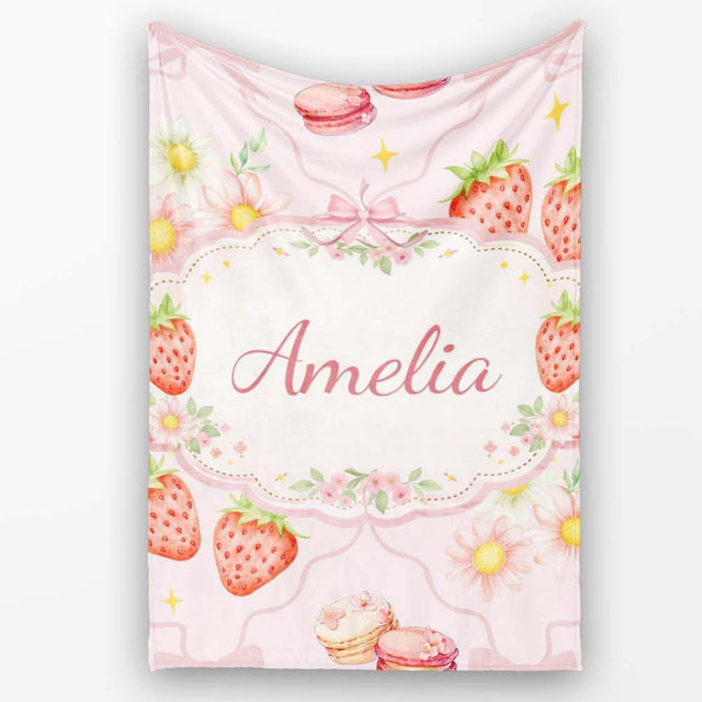 Strawberry Cherry Bow Daisy Cherry Pink Cute Coquette Floral Design  Personalised Custom Name Super Soft Fleece Blanket Bed Sofa Throw
