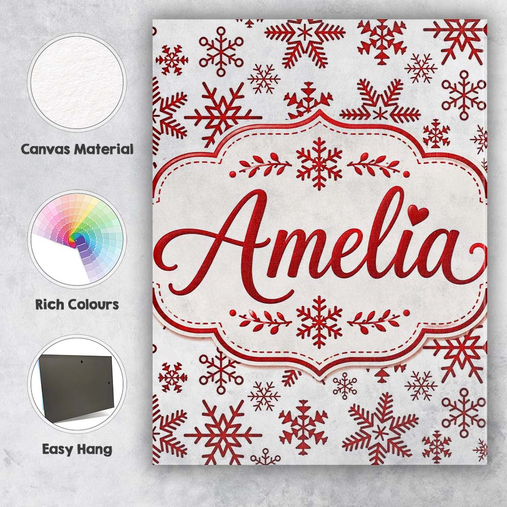 Personalised Name Red Snowflake Winter Custom  Modern Room Accent Elegant Feature Canvas Wall Art Print Decor Picture Ready to Hang