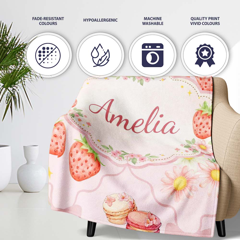 Strawberry Cherry Bow Daisy Cherry Pink Cute Coquette Floral Design  Personalised Custom Name Super Soft Fleece Blanket Bed Sofa Throw