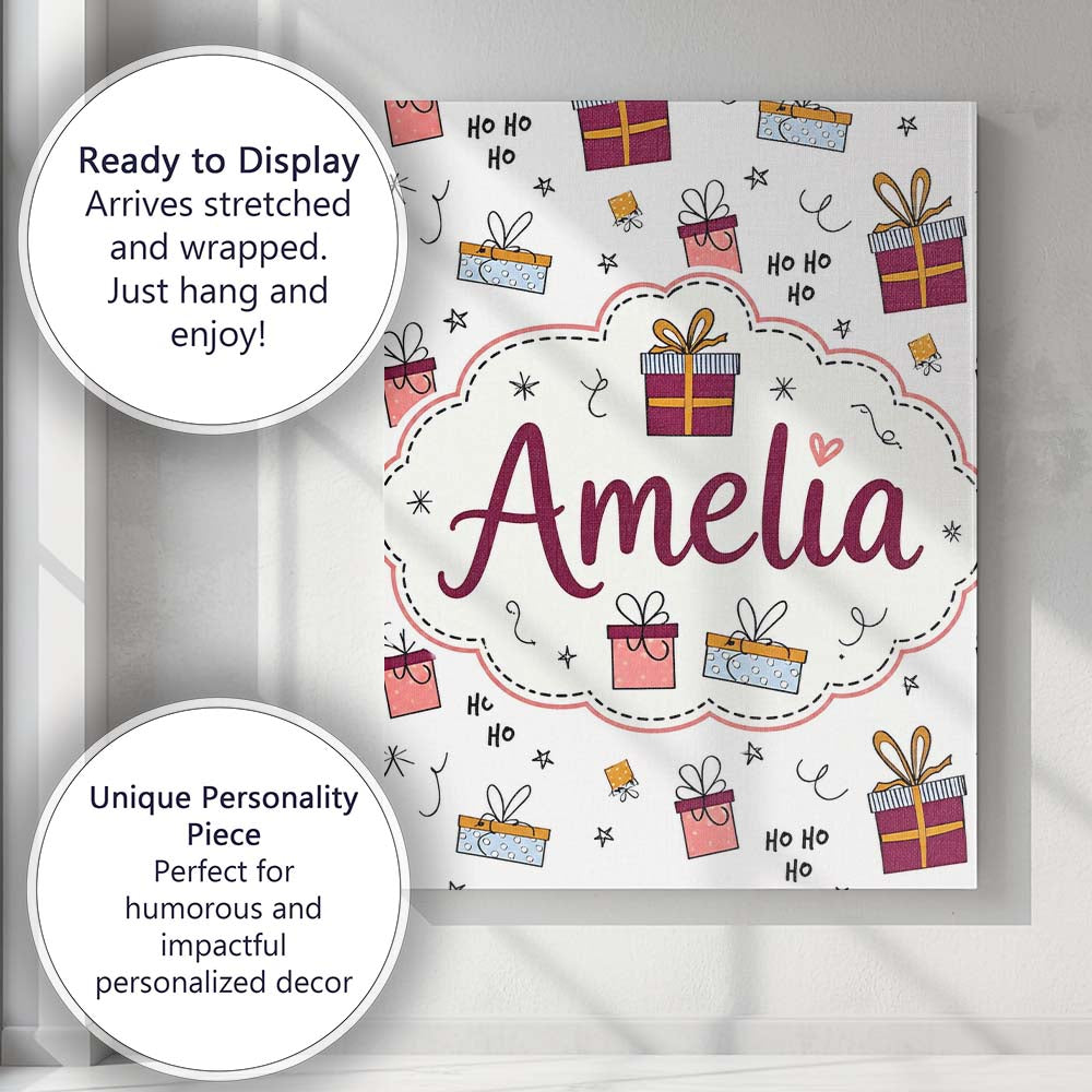 Personalised Name Cute Christmas Gift Boxes Custom  Bespoke Interior Contemporary Canvas Wall Art Print Decor Picture Ready to Hang