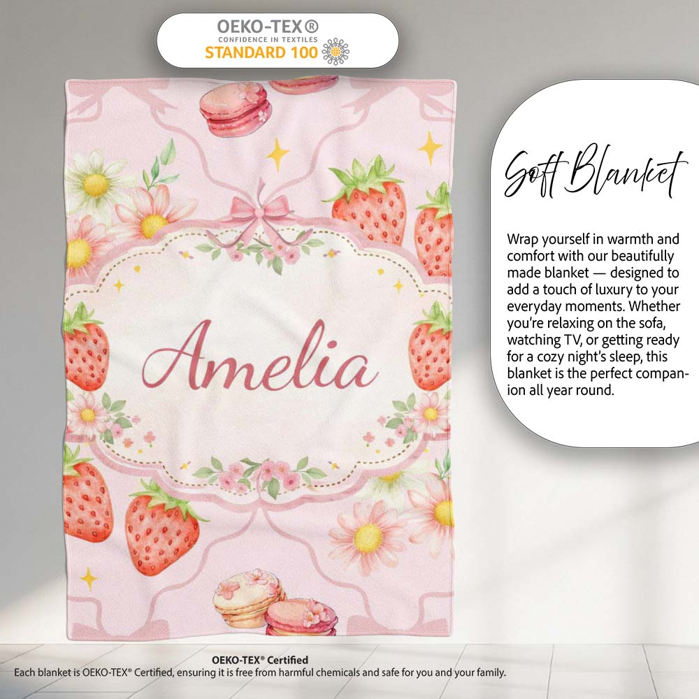 Strawberry Cherry Bow Daisy Cherry Pink Cute Coquette Floral Design  Personalised Custom Name Super Soft Fleece Blanket Bed Sofa Throw
