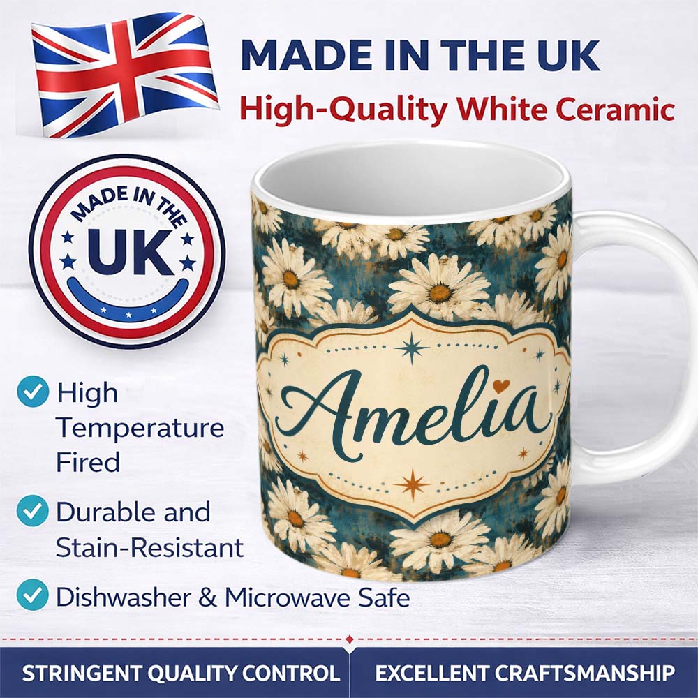 Personalized Custom Name Bold White Daisy Blooms on Deep Textured Teal Background Lovely 11oz Ceramic Coffee Tea Mug White Large Handle