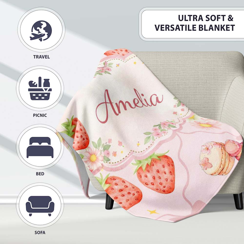 Strawberry Cherry Bow Daisy Cherry Pink Cute Coquette Floral Design  Personalised Custom Name Super Soft Fleece Blanket Bed Sofa Throw
