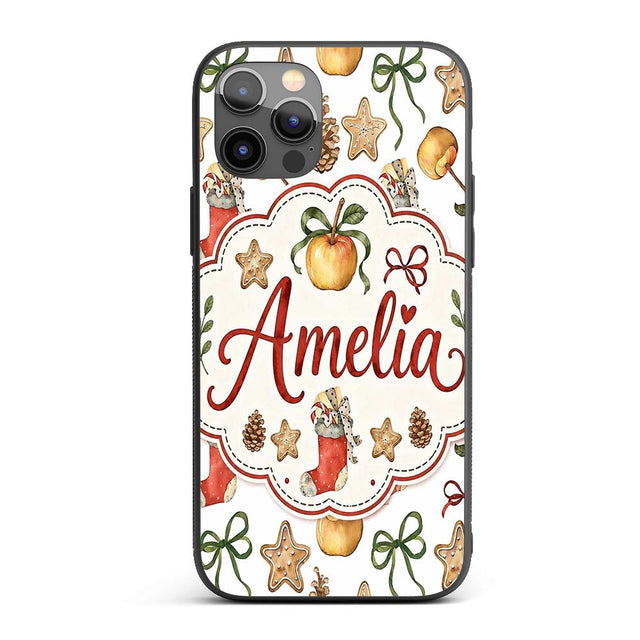 Cute Christmas Apples Pinecone Printed Design Custom Name Protective Phone Case Mobile Cover Durable Everyday Smartphone Shock Resistant