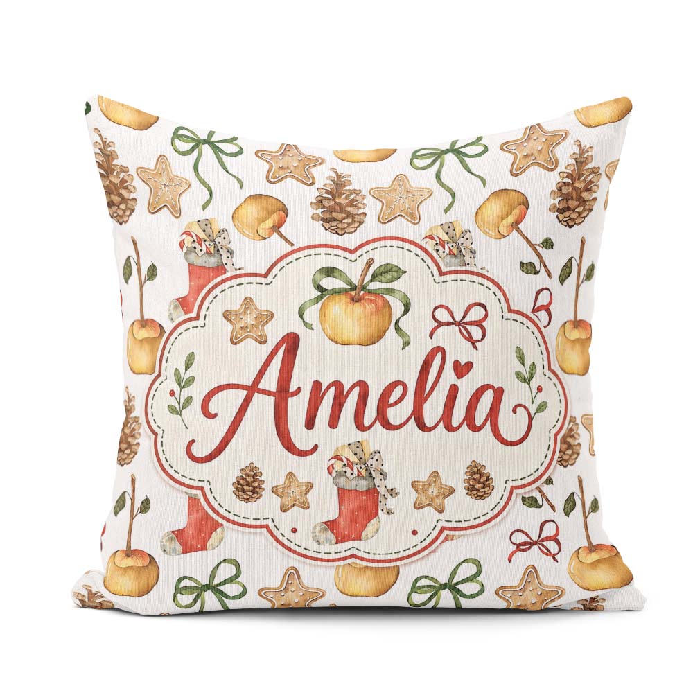 Custom Name Cute Christmas Apples Pinecone Cookies Bows Seamless Square Filled Cushion Throw Pillow Sofa Bed Home Decor Zip Washable UK Made