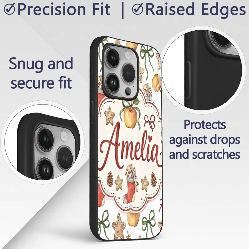 Cute Christmas Apples Pinecone Printed Design Custom Name Protective Phone Case Mobile Cover Durable Everyday Smartphone Shock Resistant