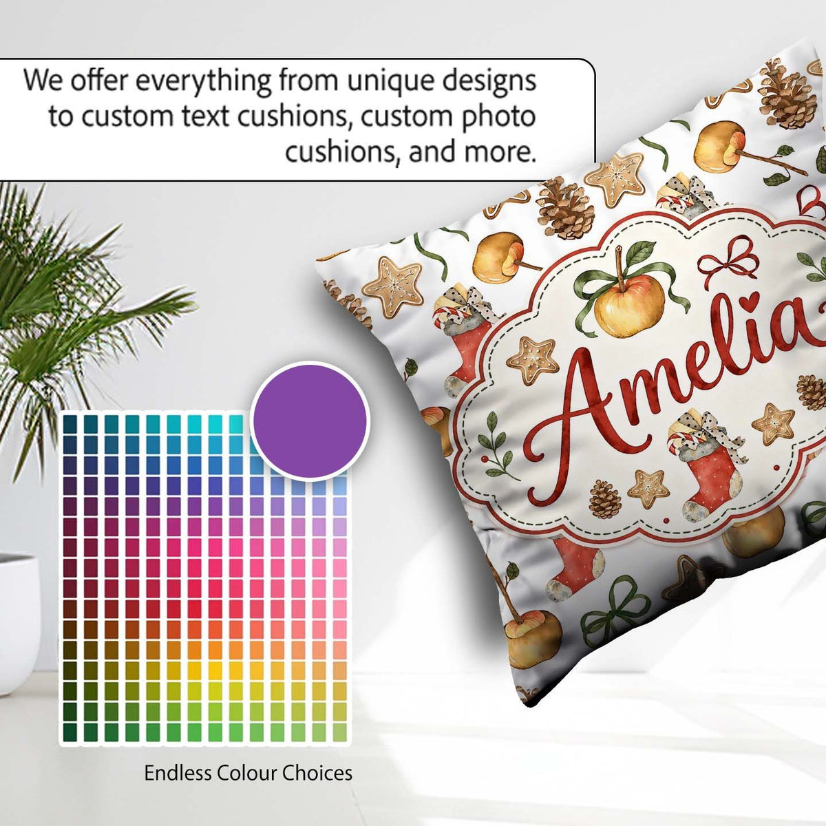 Custom Name Cute Christmas Apples Pinecone Cookies Bows Seamless Square Filled Cushion Throw Pillow Sofa Bed Home Decor Zip Washable UK Made