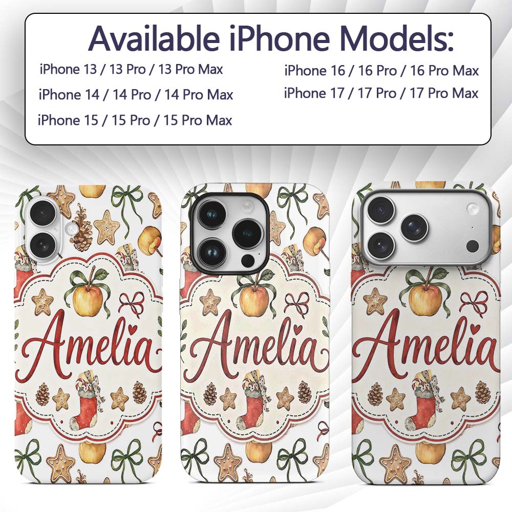 Cute Christmas Apples Pinecone Printed Design Custom Name Protective Phone Case Mobile Cover Durable Everyday Smartphone Shock Resistant