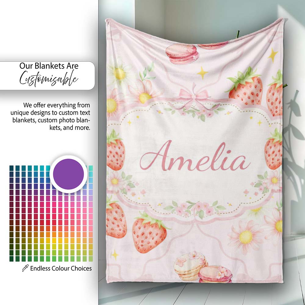 Strawberry Cherry Bow Daisy Cherry Pink Cute Coquette Floral Design  Personalised Custom Name Super Soft Fleece Blanket Bed Sofa Throw