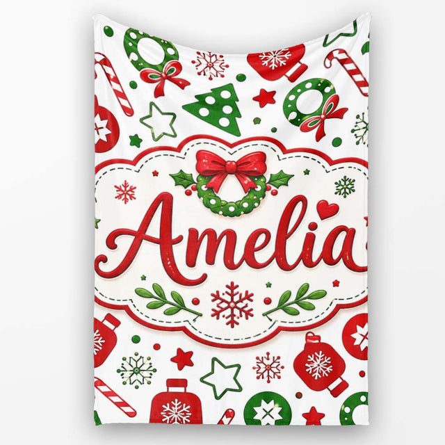 Cute Christmas Ornaments Candy Cane Tree Wreath Seamless Pattern  Personalised Custom Name Super Soft Fleece Blanket Bed Sofa Throw