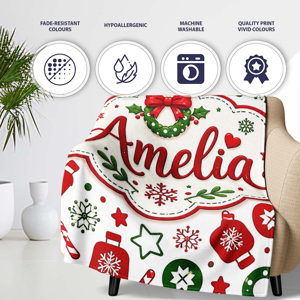 Cute Christmas Ornaments Candy Cane Tree Wreath Seamless Pattern  Personalised Custom Name Super Soft Fleece Blanket Bed Sofa Throw