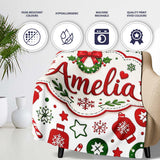 Cute Christmas Ornaments Candy Cane Tree Wreath Seamless Pattern  Personalised Custom Name Super Soft Fleece Blanket Bed Sofa Throw