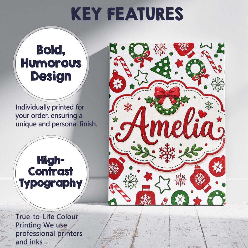 Personalised Name Cute Christmas Ornaments Custom  Unique Gift Idea Elegant Feature Canvas Wall Art Print Decor Picture Ready to Hang