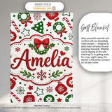 Cute Christmas Ornaments Candy Cane Tree Wreath Seamless Pattern  Personalised Custom Name Super Soft Fleece Blanket Bed Sofa Throw