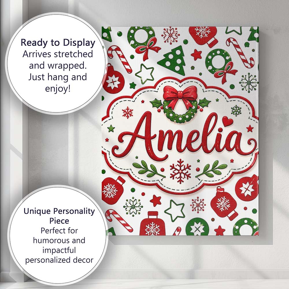 Personalised Name Cute Christmas Ornaments Custom  Unique Gift Idea Elegant Feature Canvas Wall Art Print Decor Picture Ready to Hang