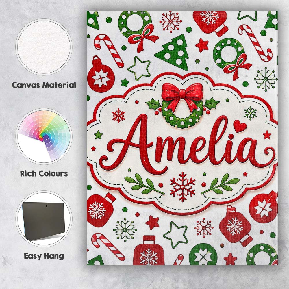 Personalised Name Cute Christmas Ornaments Custom  Unique Gift Idea Elegant Feature Canvas Wall Art Print Decor Picture Ready to Hang