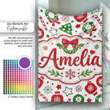 Cute Christmas Ornaments Candy Cane Tree Wreath Seamless Pattern  Personalised Custom Name Super Soft Fleece Blanket Bed Sofa Throw