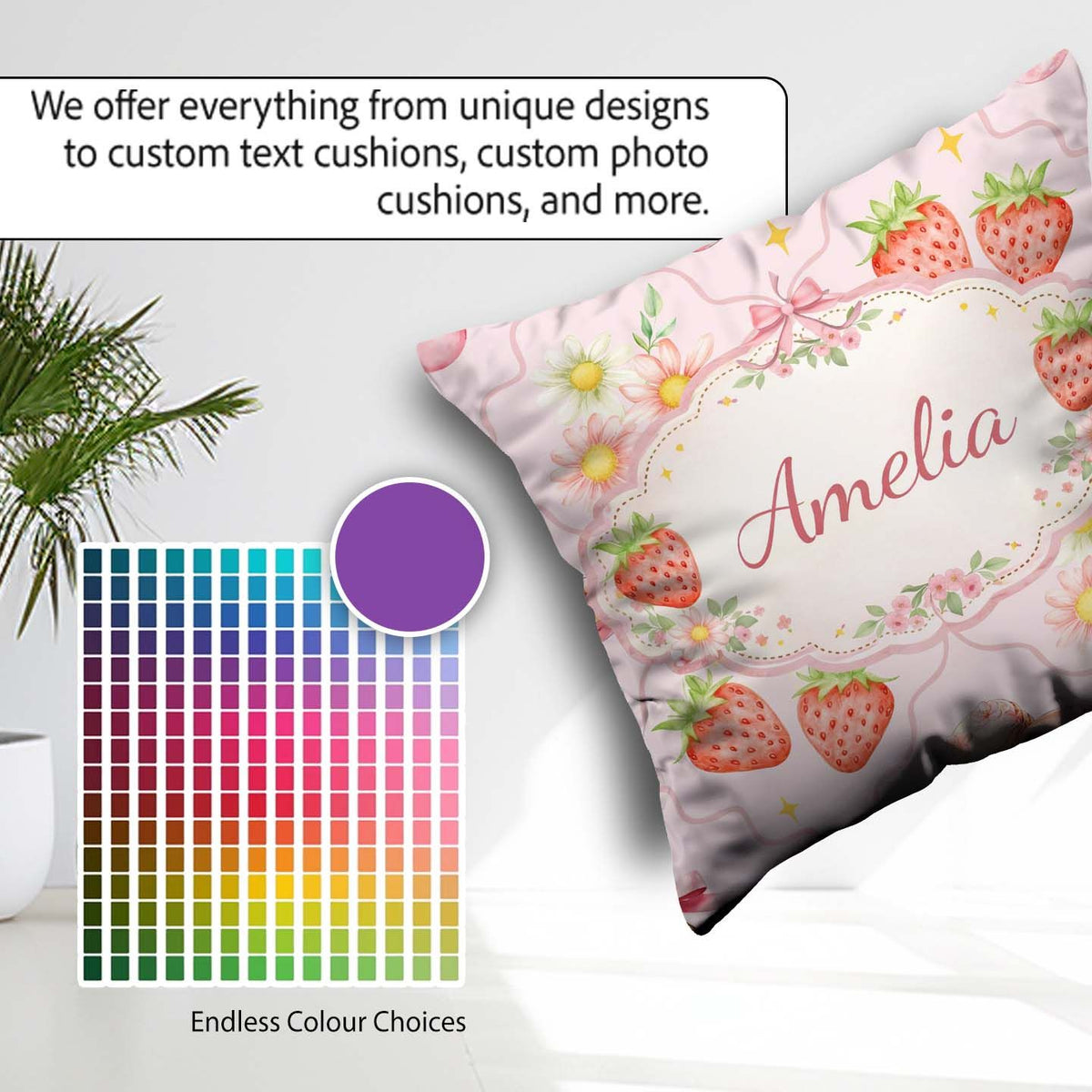 Custom Name Cherry Bow Daisy Cherry Pink Coquette Floral Design Square Filled Cushion Throw Pillow Sofa Bed Home Decor Zip Washable UK Made
