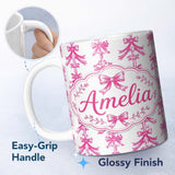 Personalized Custom Name Vintage Pink Ribbon Bow Stripe Elegant Seamless Pattern Lovely 11oz Ceramic Coffee Tea Mug White Large Handle