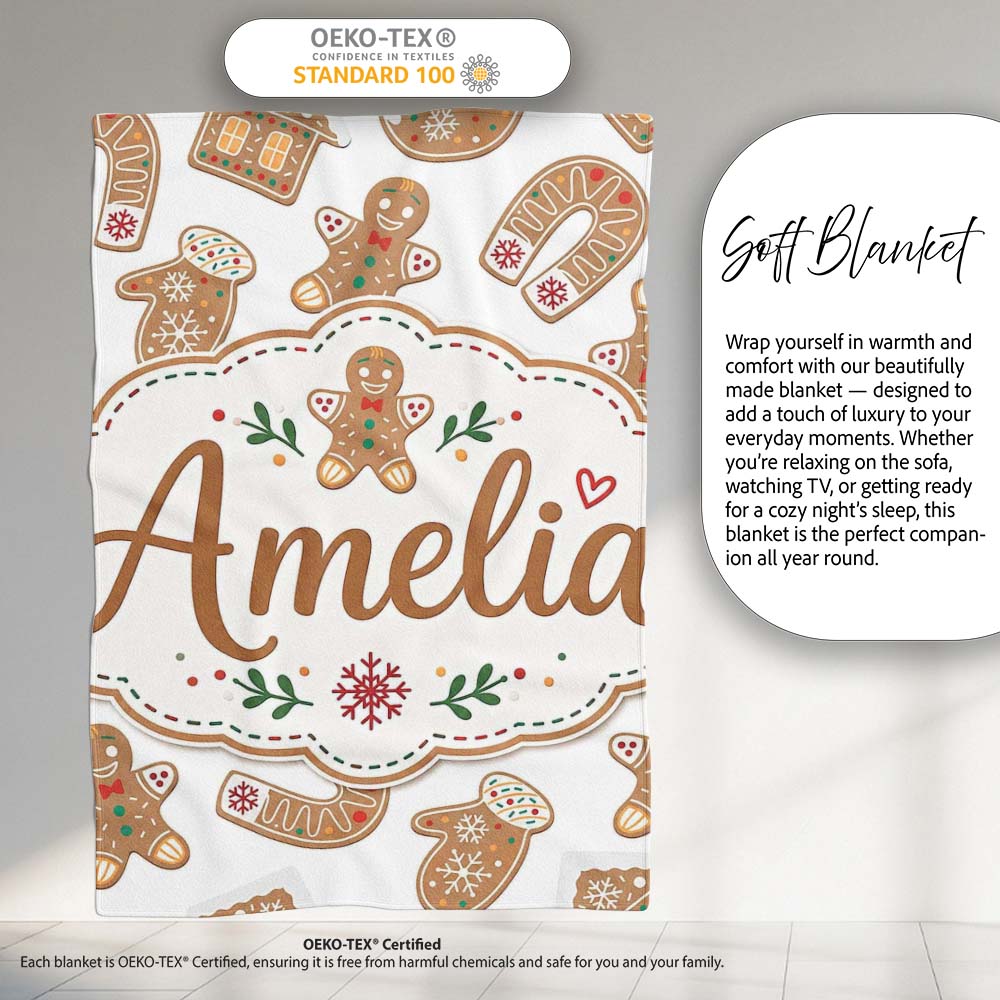 Cute Gingerbread Cookies Mittens Houses Seamless Pattern Lovely  Personalised Custom Name Super Soft Fleece Blanket Bed Sofa Throw