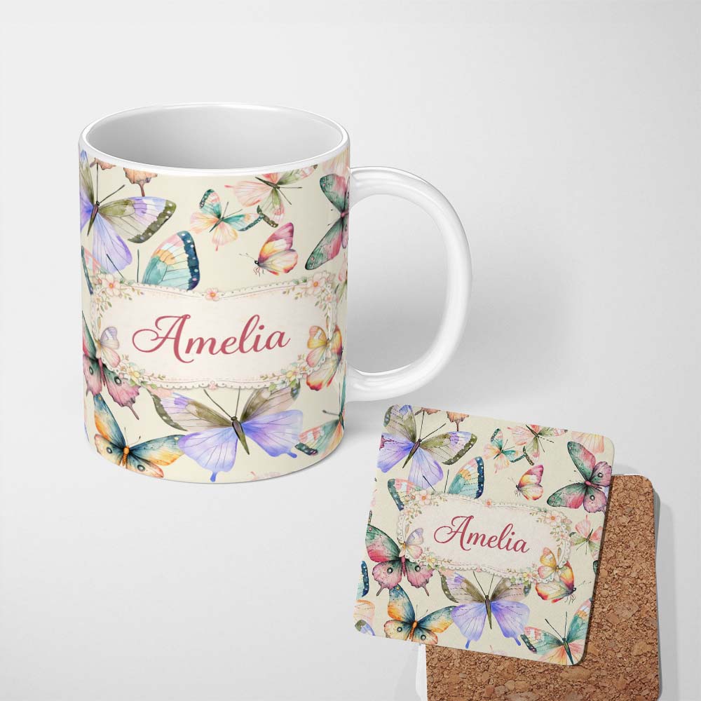 Personalized Custom Name Pastel Watercolor Butterflies Cream Background Seamless Pattern 11oz Ceramic Coffee Tea Mug White Large Handle