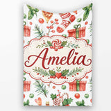 Cute Christmas Stocking Gifts Holly Leaves Seamless Pattern Lovely  Personalised Custom Name Super Soft Fleece Blanket Bed Sofa Throw