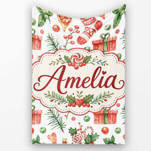 Cute Christmas Stocking Gifts Holly Leaves Seamless Pattern Lovely  Personalised Custom Name Super Soft Fleece Blanket Bed Sofa Throw