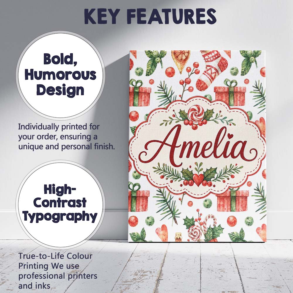 Personalised Name Cute Christmas Stocking Custom  Unique Gift Idea Elegant Feature Canvas Wall Art Print Decor Picture Ready to Hang