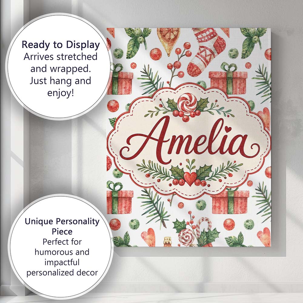 Personalised Name Cute Christmas Stocking Custom  Unique Gift Idea Elegant Feature Canvas Wall Art Print Decor Picture Ready to Hang