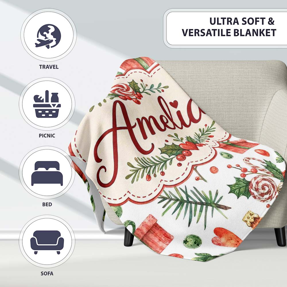 Cute Christmas Stocking Gifts Holly Leaves Seamless Pattern Lovely  Personalised Custom Name Super Soft Fleece Blanket Bed Sofa Throw