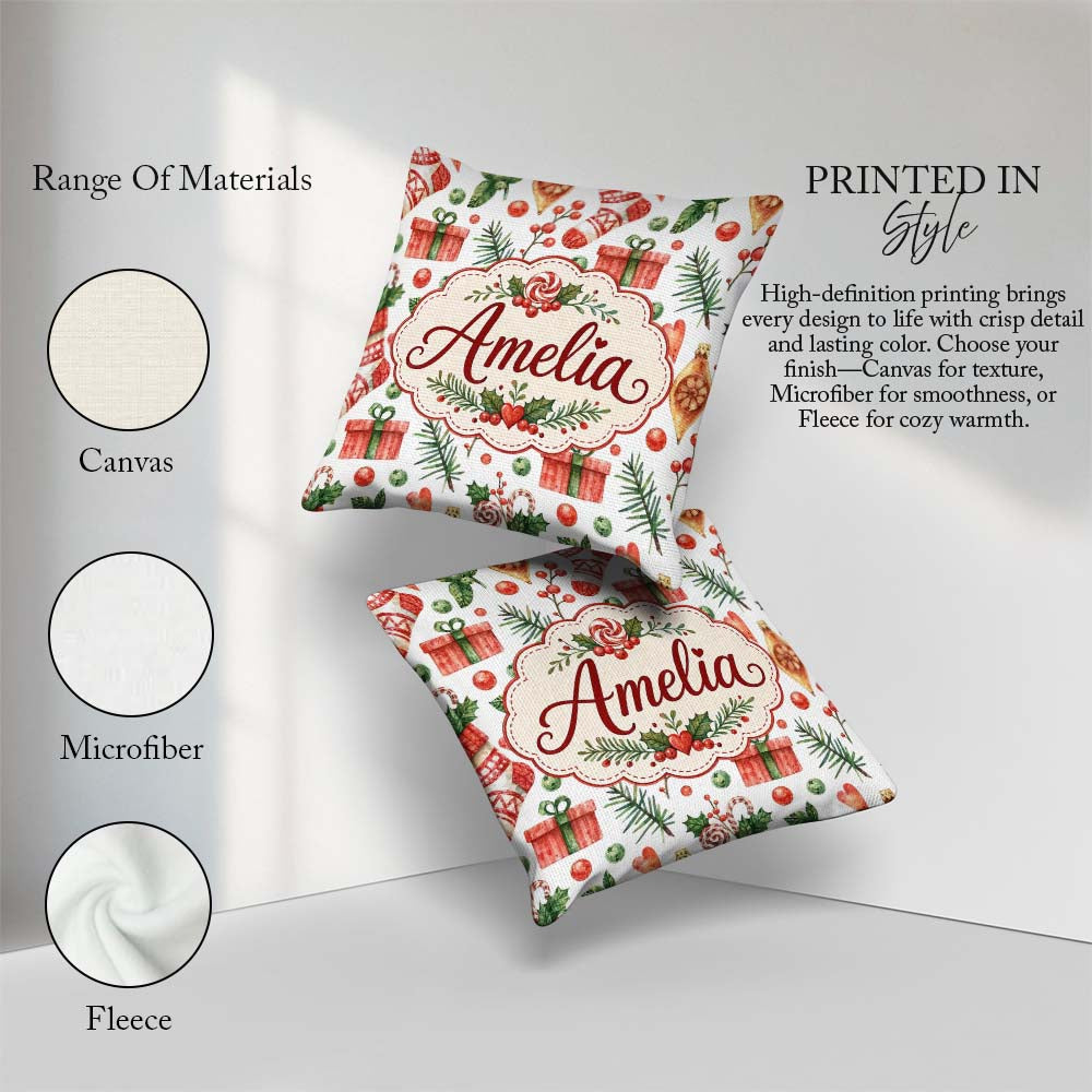 Custom Name Cute Christmas Stocking Gifts Holly Seamless Pattern Square Filled Cushion Throw Pillow Sofa Bed Home Decor Zip Washable UK Made