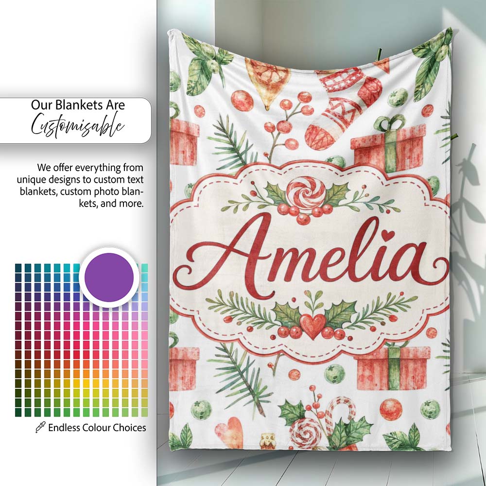 Cute Christmas Stocking Gifts Holly Leaves Seamless Pattern Lovely  Personalised Custom Name Super Soft Fleece Blanket Bed Sofa Throw