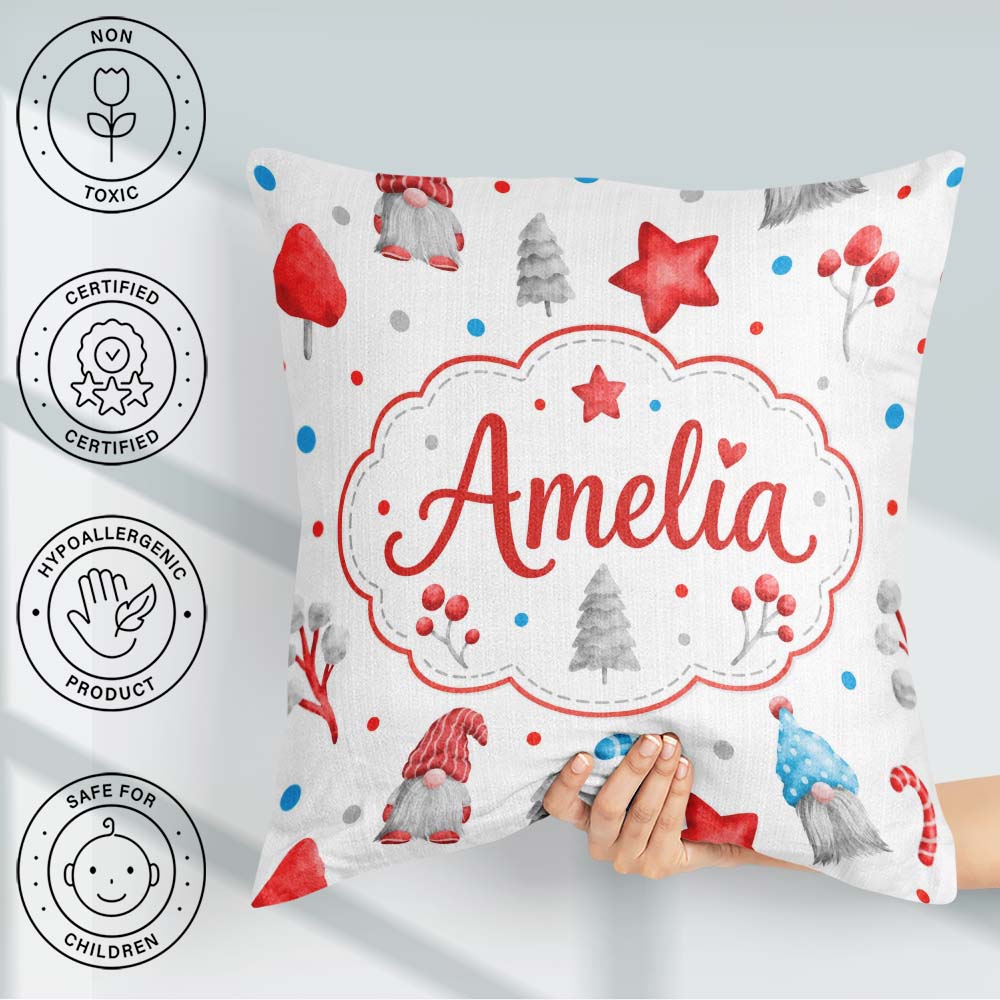 Custom Name Christmas Gnome Candy Cane Gifts Seamless Pattern Square Filled Cushion Throw Pillow Sofa Bed Home Decor Zip Washable UK Made