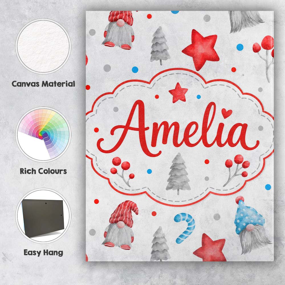 Personalised Name Cute Christmas Gnome Custom  Modern Room Accent Elegant Feature Canvas Wall Art Print Decor Picture Ready to Hang