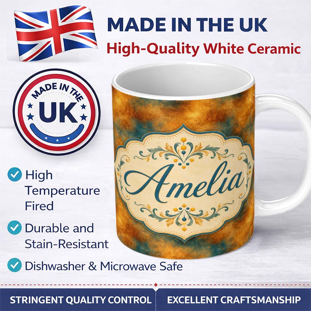 Personalized Custom Name Abstract Gold and Teal Oil Paint Texture Seamless Pattern Lovely 11oz Ceramic Coffee Tea Mug White Large Handle
