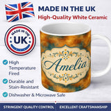 Personalized Custom Name Abstract Gold and Teal Oil Paint Texture Seamless Pattern Lovely 11oz Ceramic Coffee Tea Mug White Large Handle